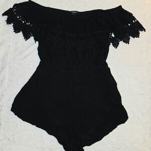 Ambiance Off-Shoulder Romper With Black Crochet Lace Trim